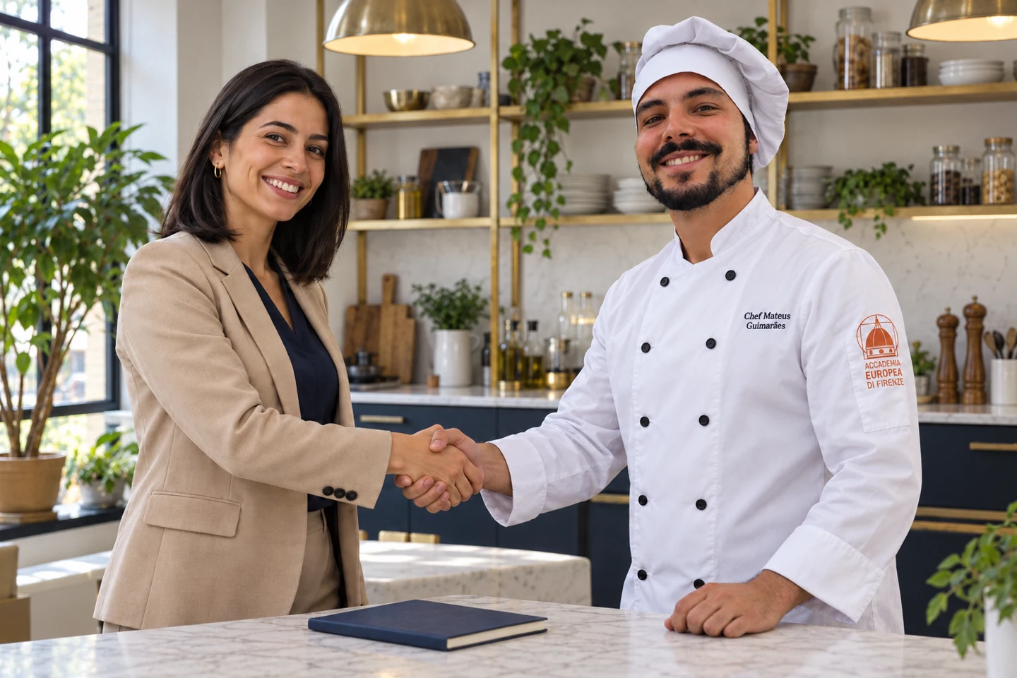 Mateus Guimarães de chef cumprimentando uma parceira
