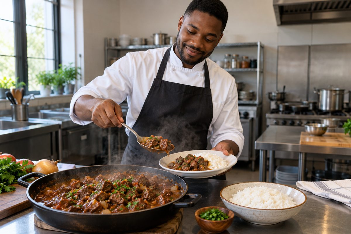 Cena ilustrativa de um chef negro servindo picadinho em cozinha de aula